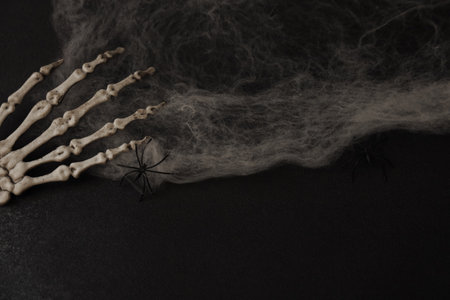 A skeleton hand rests on a dark surface surrounded by wispy cobwebs. Small black spiders creep on the web creating an eerie atmosphere perfect for Halloween celebrations.の写真素材