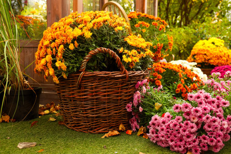 Bright orange and pink flowers fill a woven basket in a lush garden. The scene captures the essence of autumn with colorful blooms surrounded by greenery.の写真素材
