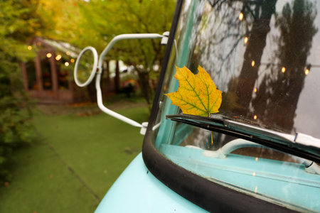 A bright yellow leaf rests gently on the windshield of a vintage truck. In the background green trees and warm lights create a cozy atmosphere at an outdoor cafe during early autumn.の写真素材