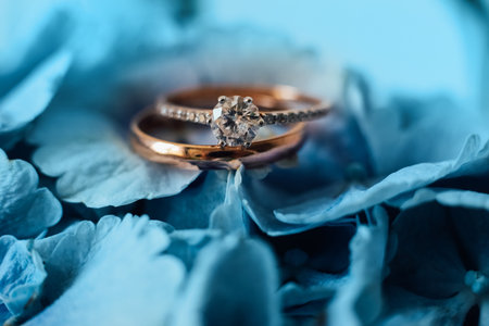 Wedding rings with a sparkling diamond sit elegantly on hydrangeas petals creating a romantic scene. The gentle light enhances the beauty of the rings and the floral backdrop.の写真素材