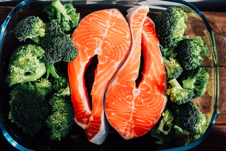 Bright orange salmon fillets sit in a glass dish filled with fresh green broccoli. The meal looks healthy and ready to be baked for a tasty dinner option. The colors are vibrant and inviting.の写真素材