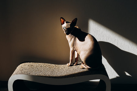 A Sphynx cat sits calmly on a stylish scratching post basking in the warm glow of natural light. The cat looks back with curiosity showcasing its unique features and smooth skin.の写真素材