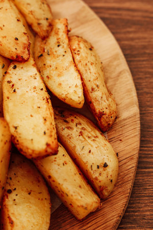 A warm kitchen features a wooden platter filled with crispy roasted potato wedges. The golden brown pieces have a sprinkling of herbs. This dish looks inviting and ready to be enjoyed.の写真素材