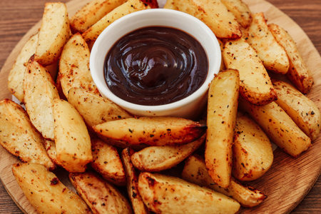 A wooden plate is filled with golden brown potato wedges perfectly seasoned and crispy. A small bowl...