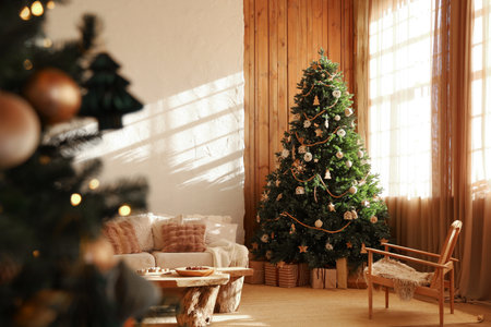 In a cozy living room a decorated Christmas tree shines with lights and ornaments. Soft sunlight filters through curtains creating a warm atmosphere. Cushions and gifts add to the holiday spirit.の写真素材