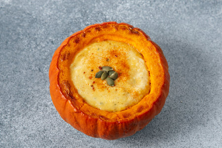 Creamy pumpkin soup is presented in a baked pumpkin shell garnished with seeds. This dish embodies warmth and comfort perfect for autumn gatherings and seasonal celebrations.の写真素材
