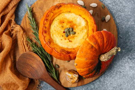 A vibrant pumpkin is filled with a creamy mixture garnished with pumpkin seeds and placed on a wooden board. Fresh herbs and a wooden spoon accompany it creating a warm kitchen atmosphere.の写真素材