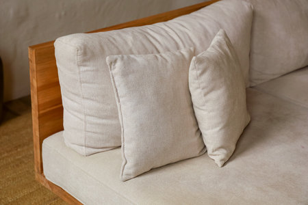 A soft couch with light colored fabric sits in a living room. Two cushions rest on the couch. Natural light comes through nearby windows creating a warm atmosphere in the space.の写真素材