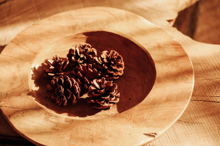 Four pine cones sit in a wooden bowl on a table. Sunlight shines on the bowl creating warm tones. The setting shows a natural look with wood textures and the beauty of simple items.の写真素材