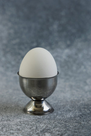 A white egg sits upright in a shiny metal cup on a gray textured surface. The light shines softly on the egg creating a simple scene.