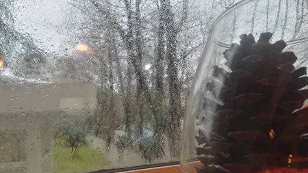 Window view of a rainy day in Albaniaの写真素材