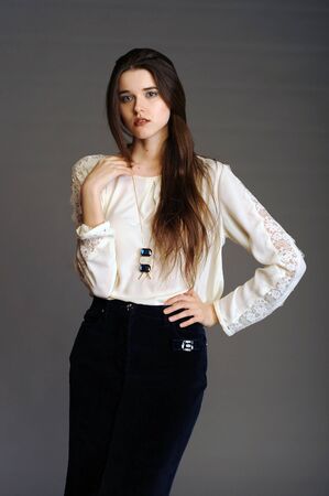 girl in white, woman in white, white blouse, office blouse, blouse, women's shirt, beautiful lady, beauty, health, young womanの写真素材