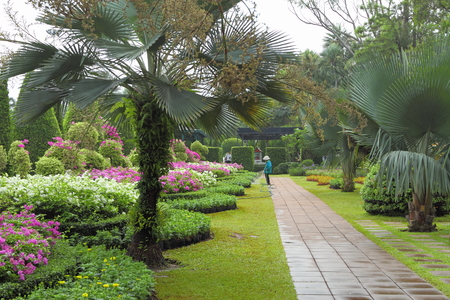 PATTAYA, THAILAND - MARCH 24, 2012: Nong Nooch tropical garden. The gardener takes care of flowersのeditorial素材