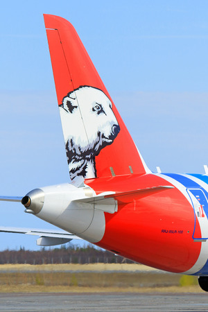NADYM, RUSSIA - MAY 22, 2016: The SuperJet-100 RRJ-95LR-100 of airline Yamal. Tail and back part of a fuselageのeditorial素材