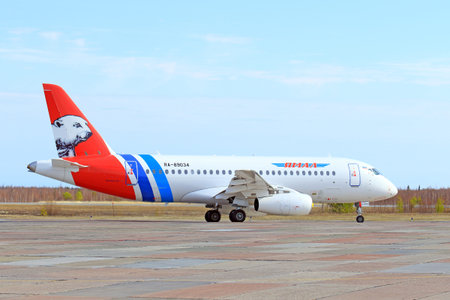 NADYM, RUSSIA - MAY 22, 2016: The SuperJet-100 RRJ-95LR-100 plane prepares for take-offのeditorial素材