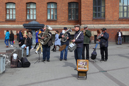 Saint Petersburg, RUSSIA - MAY 07, 2017: A street band plays music on Ligovsky Avenue