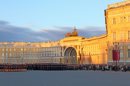 Saint Petersburg, RUSSIA - MAY 05, 2017: the Rehearsal of the military parade of the victory on Palace square at low sunlightのeditorial素材