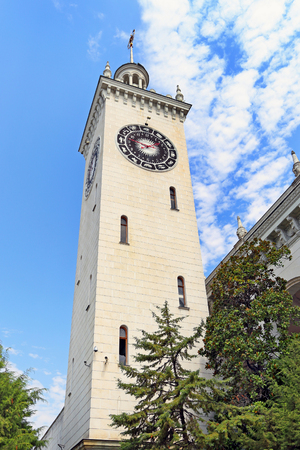 Sochi, RUSSIA-AUGUST 17, 2013: clock Tower of the railway station against the skyのeditorial素材