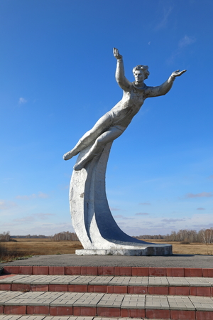 BAYEVO, RUSSIA-OCTOBER 22, 2019: a monument To the first woman cosmonaut Valentina Tereshkova at the landing site in 1963 of her spacecraft near the Altai village of Bayevo in Siberiaのeditorial素材