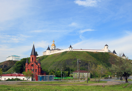 TOBOLSK, RUSSIA-AUGUST 24, 2009: View of the ancient Kremlin and the Holy Trinity Catholic Church in Siberiaのeditorial素材