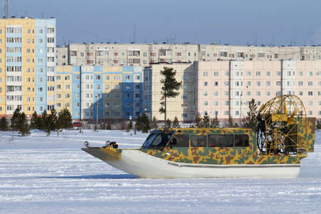 Nadym, Russia-FEBRUARY 26, 2012: Russian airboat TYPHOON 1000K extended modification in the North of Western Siberiaのeditorial素材