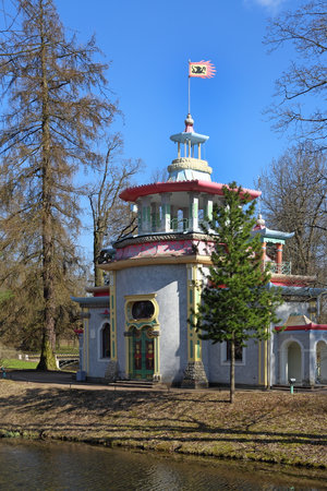 Pushkin, RUSSIA - MAY 04, 2017: Exotic pavilion Creaky gazebo designed by Felten in Tsarskoye Selo in the vicinity of St. Petersburgのeditorial素材