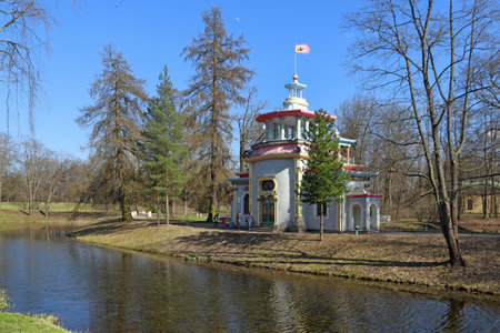 Pushkin, RUSSIA - MAY 04, 2017: Exotic pavilion Creaky gazebo designed by Felten in Tsarskoye Selo in the vicinity of St. Petersburgのeditorial素材
