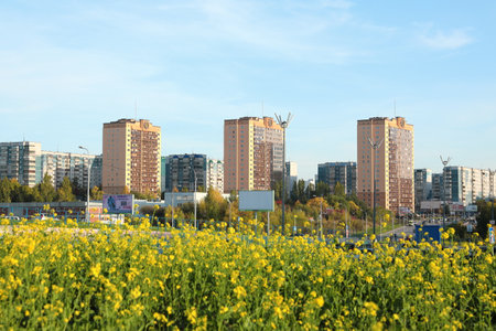 Novosibirsk, RUSSIA-September 20, 2020: urban landscape with a view of the Golden sails residential complexのeditorial素材