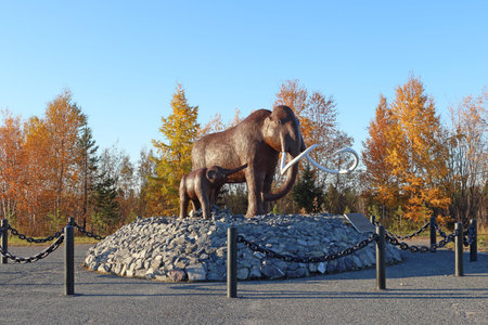 NADYM, RUSSIA-SEPTEMBER 26, 2021: Sculptural composition of a mammoth and a baby mammoth on an autumn day at the entrance to a Siberian cityのeditorial素材