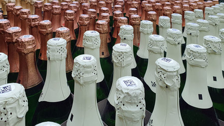 Nadym, RUSSIA-NOVEMBER 30, 2021: Bottles of Russian sparkling wine in the interior of the store of...