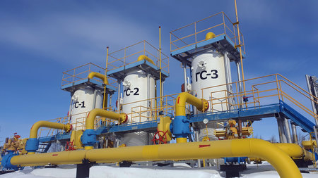 Natural gas purification system at a gas distribution station in Siberiaの写真素材