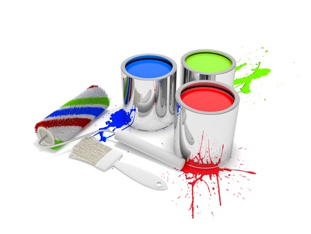 A group of colorful paint cans with paintbrushの写真素材