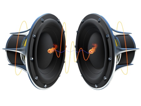 3d illustration of a simple audio speaker sitting on a dark surface with glowing orange sound waves emitting from itの写真素材