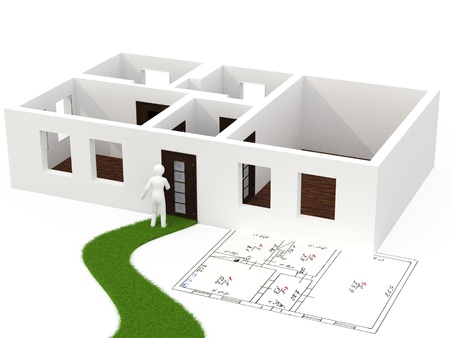 3d person with house isolated on whiteの写真素材