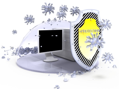 Shield antivirus and computer, abstract  done in 3d の写真素材