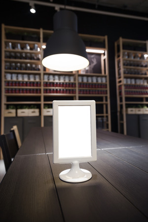Small Billboard On the black table in the restaurantの写真素材