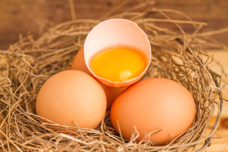 Brown egg in a natural ovary on a wooden tableの写真素材