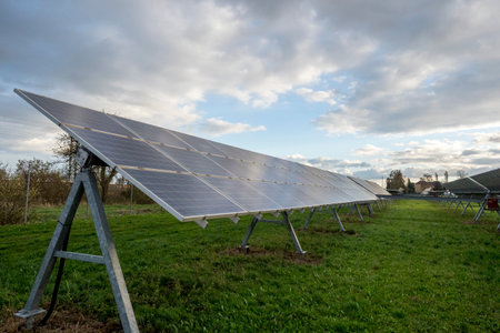 Solar panels in green landscape