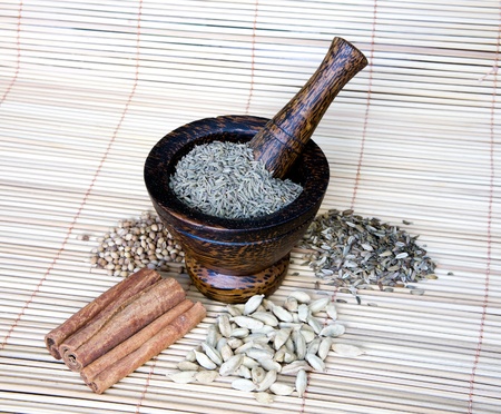 spices with coconut mortarの写真素材
