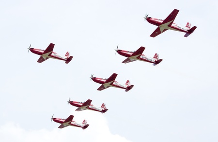 LANGKAWI, MALAYSIA - MARCH 27: JUPITER AEROBATIC TEAM, TNI AU performing at the LIMA 2013 airshow March 26, 2013 in Langkawi, Malaysia のeditorial素材