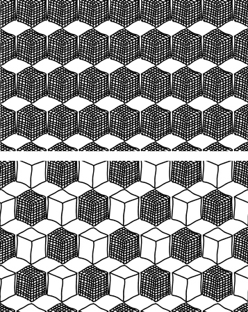 2 sets of hand drawn cube vector seamless patternのイラスト素材