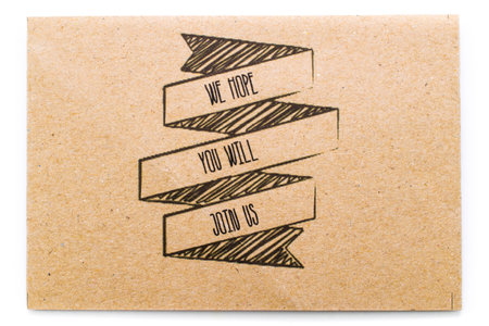 write text (we hope, you will, join us) on brown paper background textureの写真素材