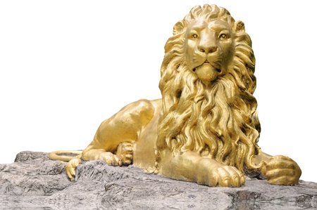 Golden lion statue isolate on white background の写真素材
