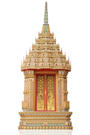 Ancient Golden carving wooden door of Thai temple in Bangkok, Thailand.の写真素材
