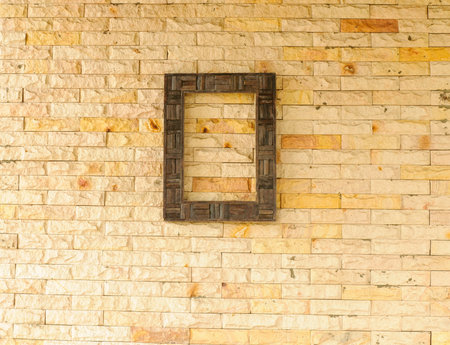 Wood frame on brick wall backgroundの写真素材