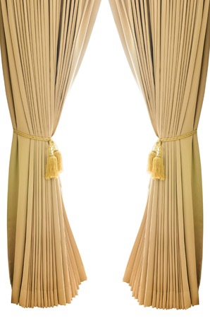 Gold luxury curtains with isolated white backgroundの写真素材