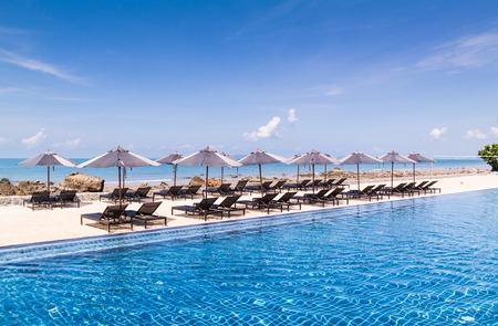 Beach umbrella with blue sky backgroundのeditorial素材