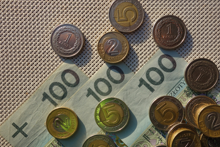 Polish money on table. Top view.の写真素材