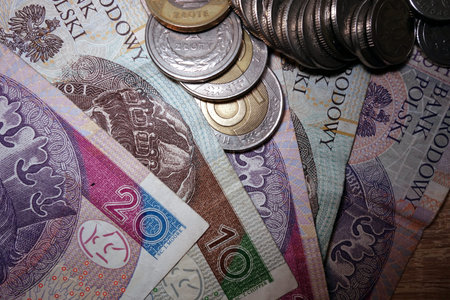 Polish zloty banknotes and coinsの写真素材