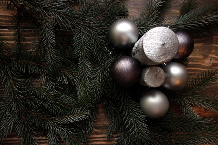 New Year or Christmas concept with ornaments on wooden tableの写真素材